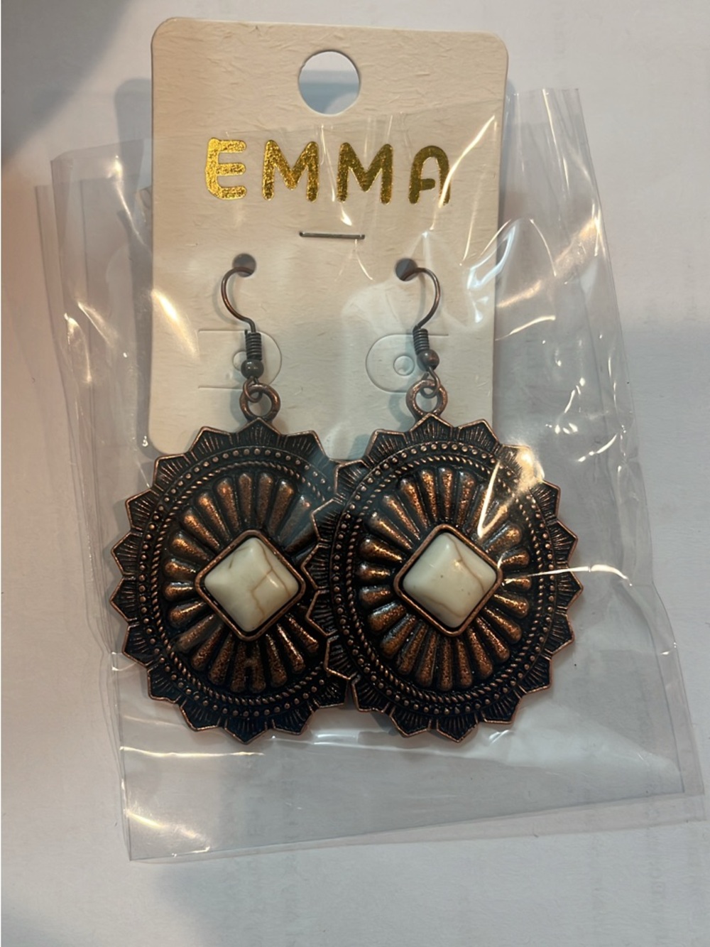 EMMA Copper-Tone Aztec Medallion Earrings with Ivory Stone